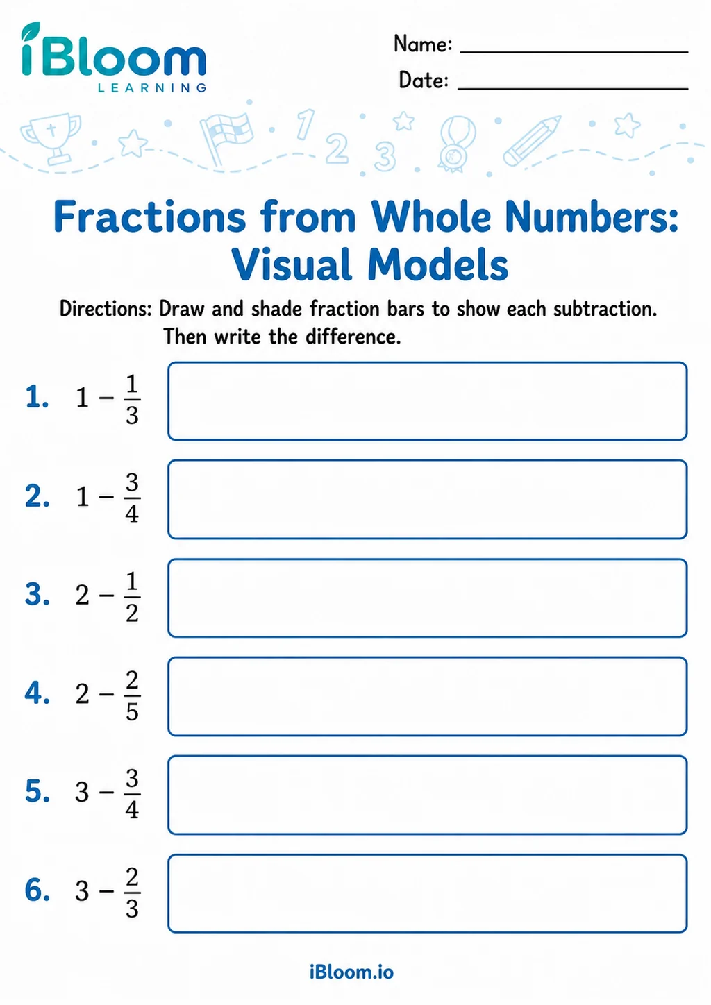 Subtracting Fractions From Whole Numbers — Visual Models printable Grade 3 worksheet preview