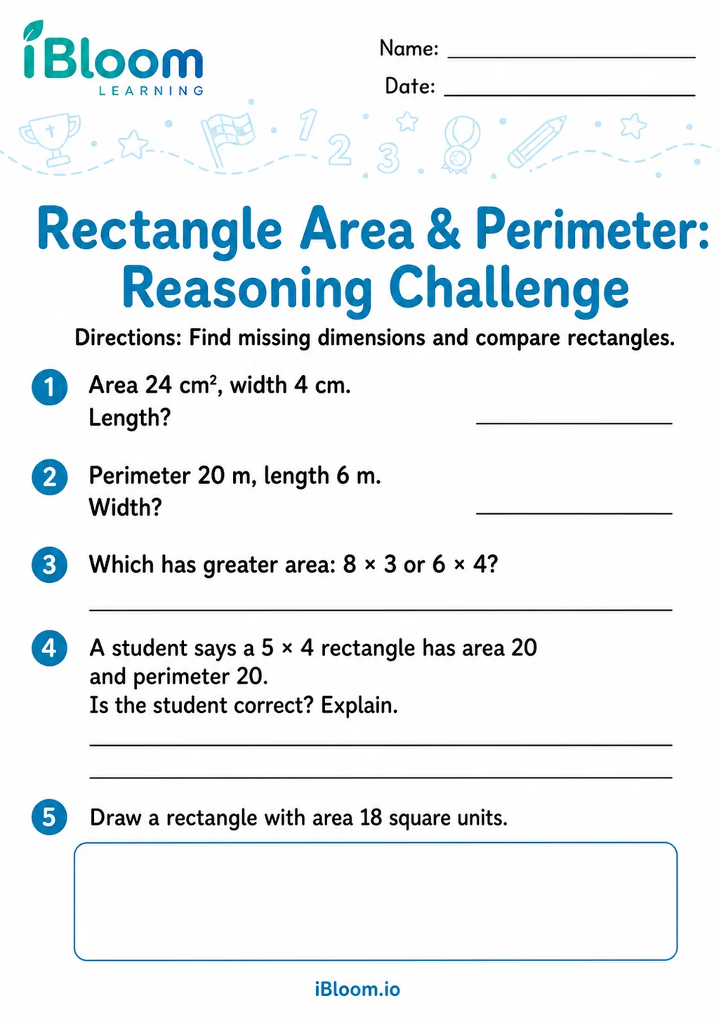Preview of Rectangle Area Perimeter — Reasoning Challenge worksheet