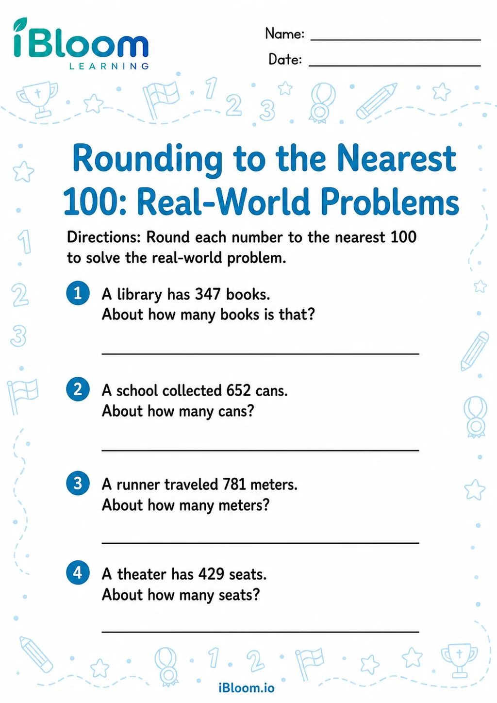 Preview page 1 of Round 3 Digit Numbers Nearest 100 — Real-World Problems