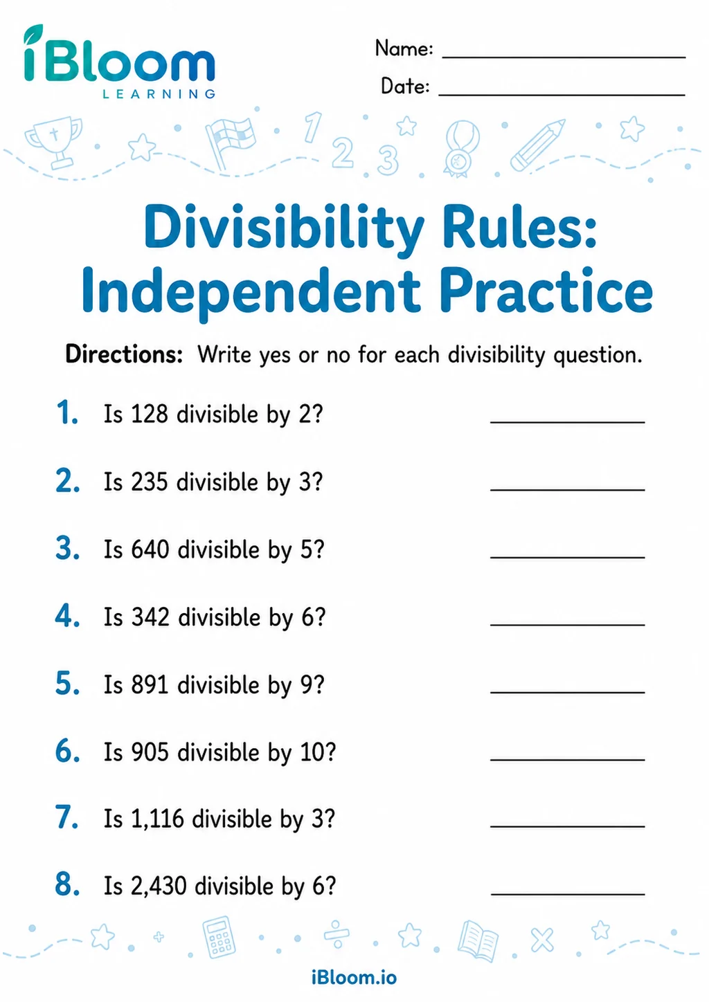 Preview of Divisibility Rules — Independent Practice worksheet