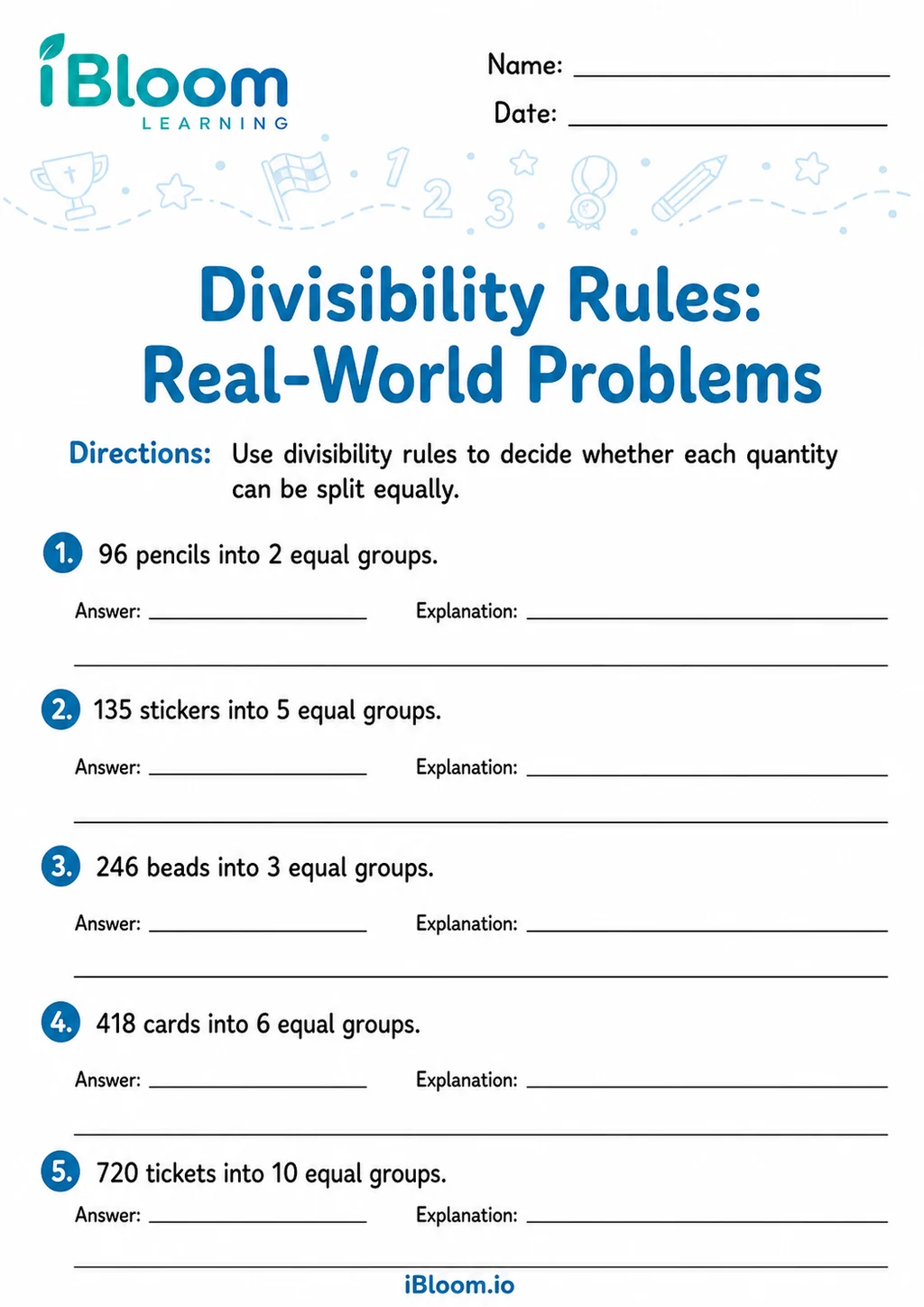 Preview page 1 of Divisibility Rules — Real-World Problems