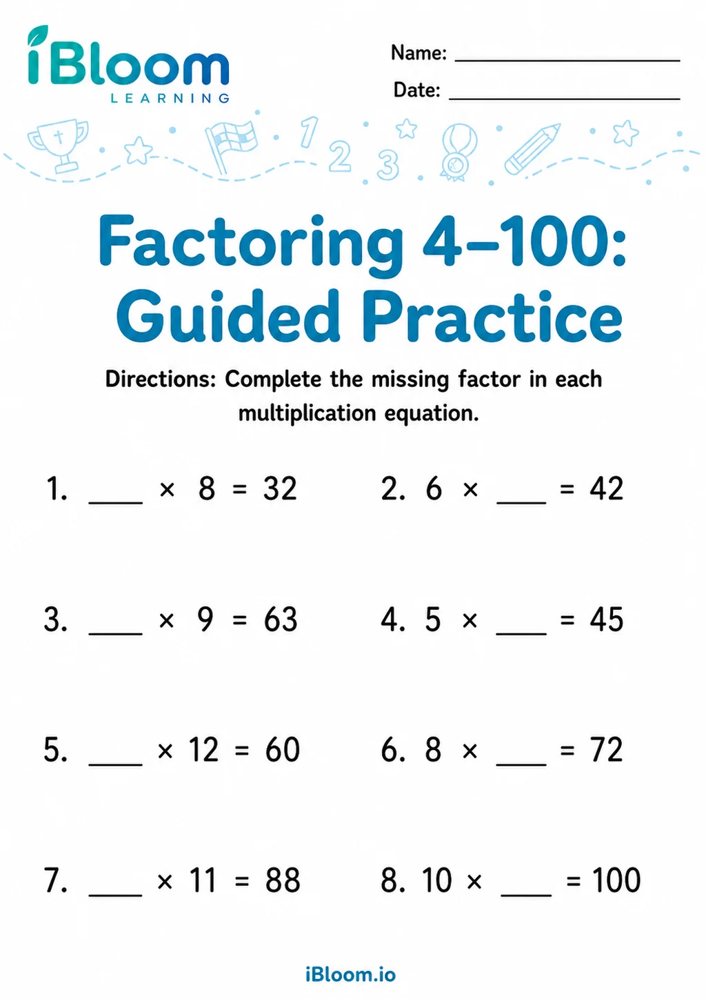 Factoring 4–100 — Guided Practice printable Grade 5 worksheet preview