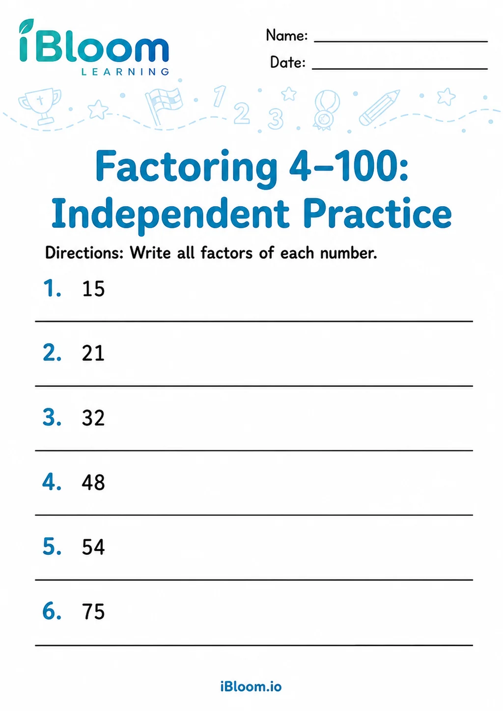 Preview of Factoring 4–100 — Independent Practice worksheet