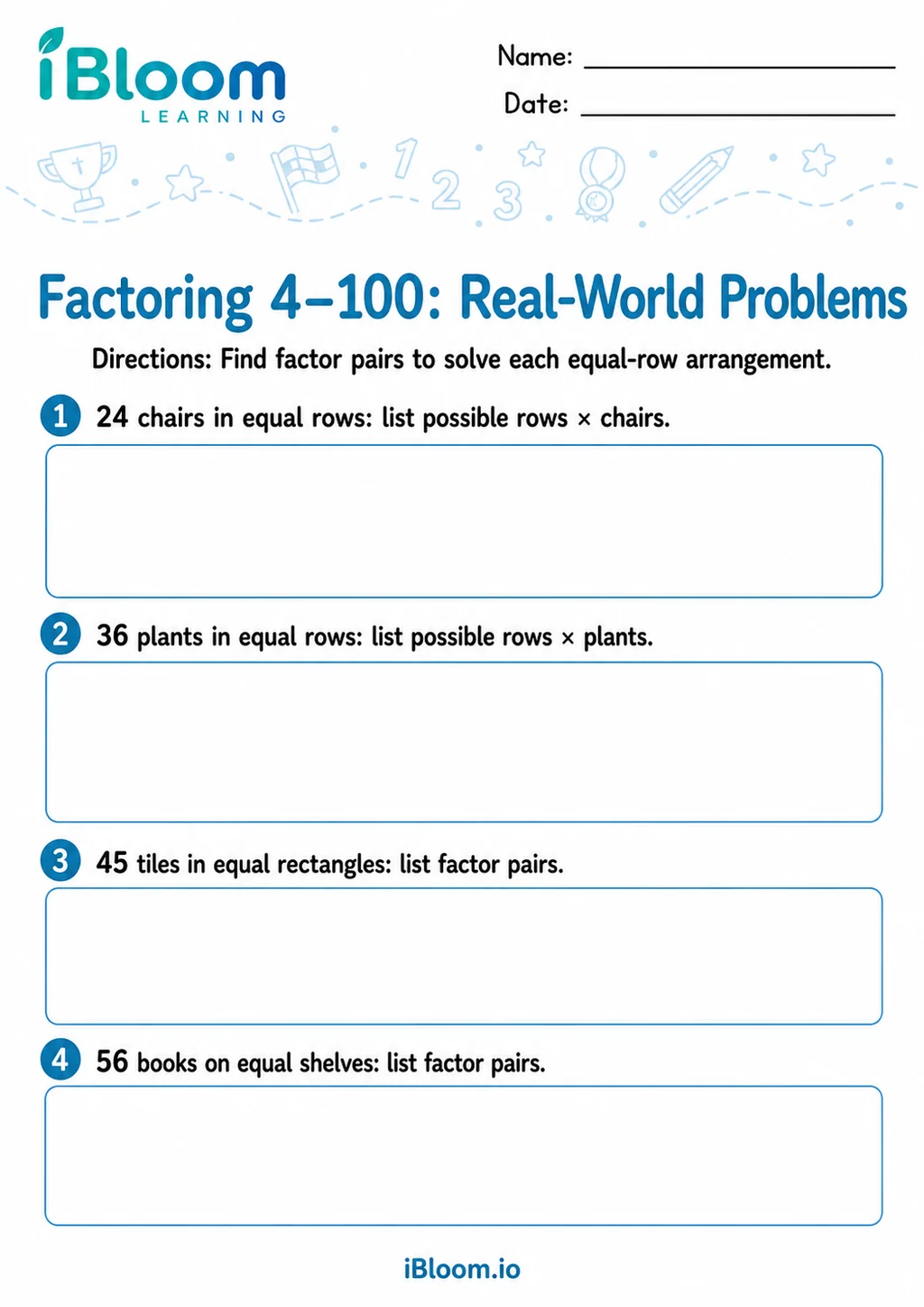 Preview of Factoring 4–100 — Real-World Problems worksheet