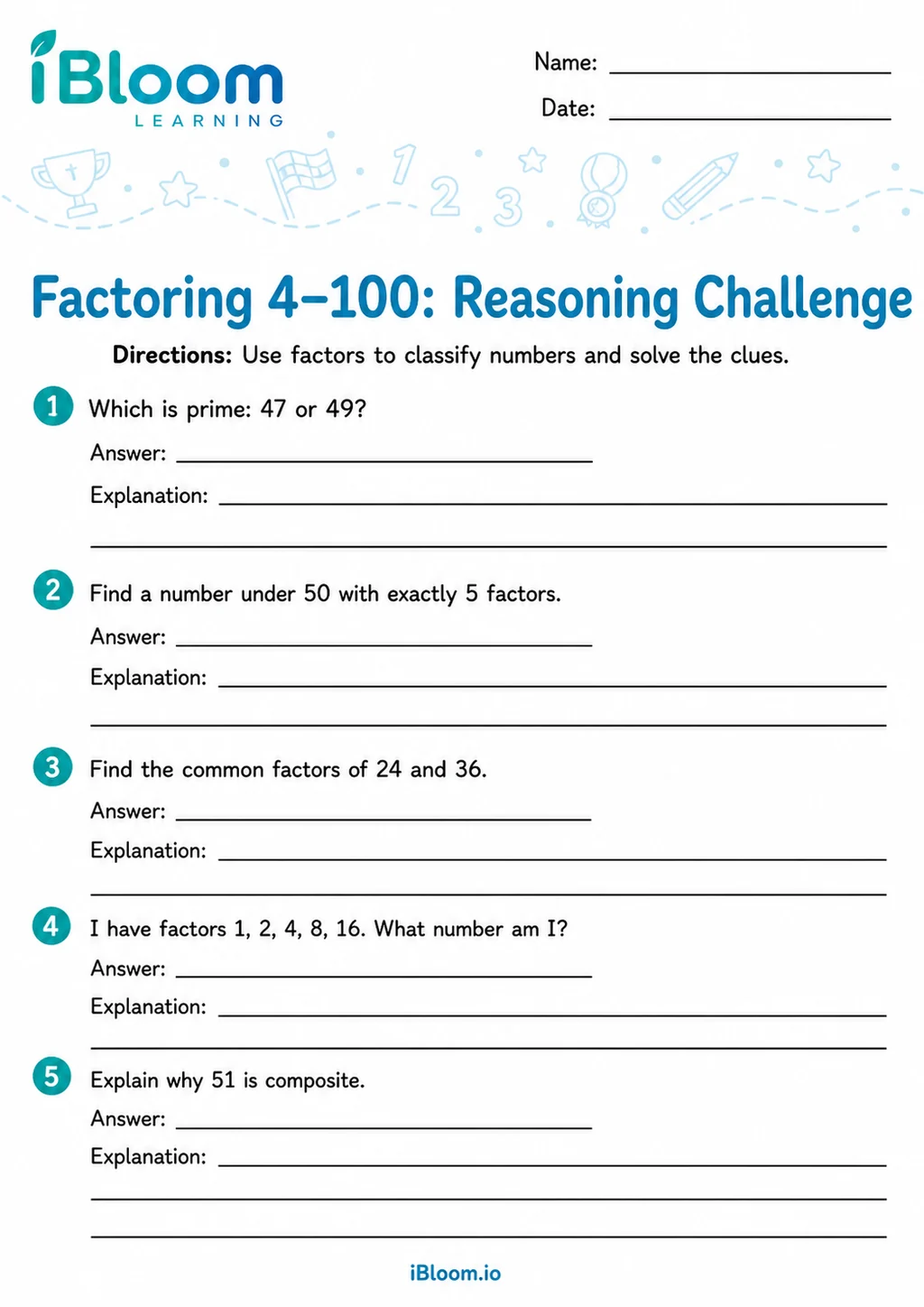 Preview of Factoring 4–100 — Reasoning Challenge worksheet