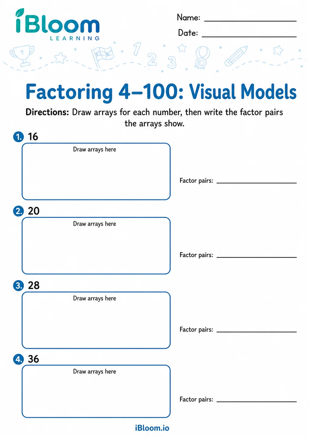 Factoring 4–100 — Visual Models printable Grade 5 worksheet preview