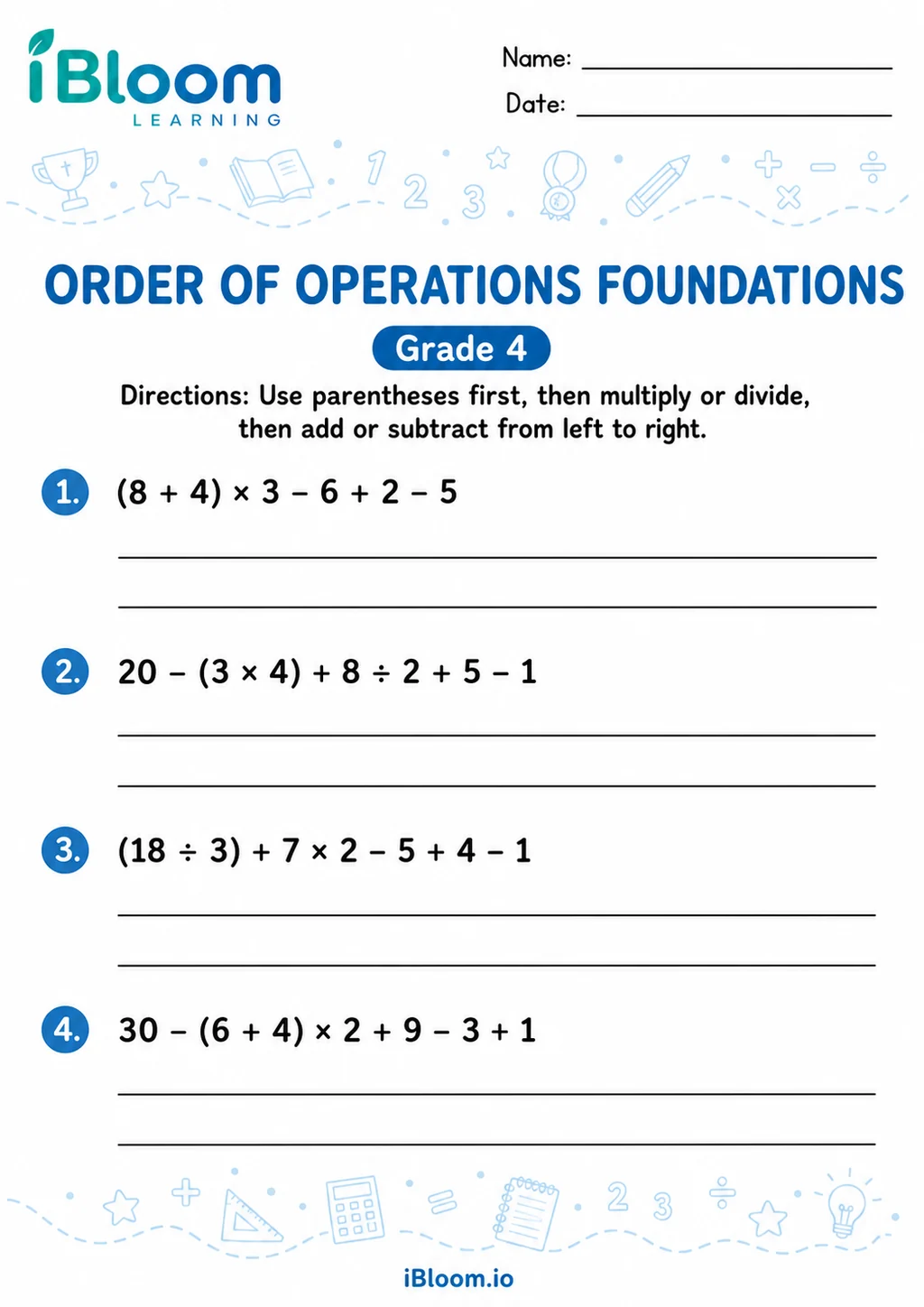 Add Subtract Multiply Divide Parenthesis Six Numbers — Concept Foundations printable Grade 4 worksheet preview