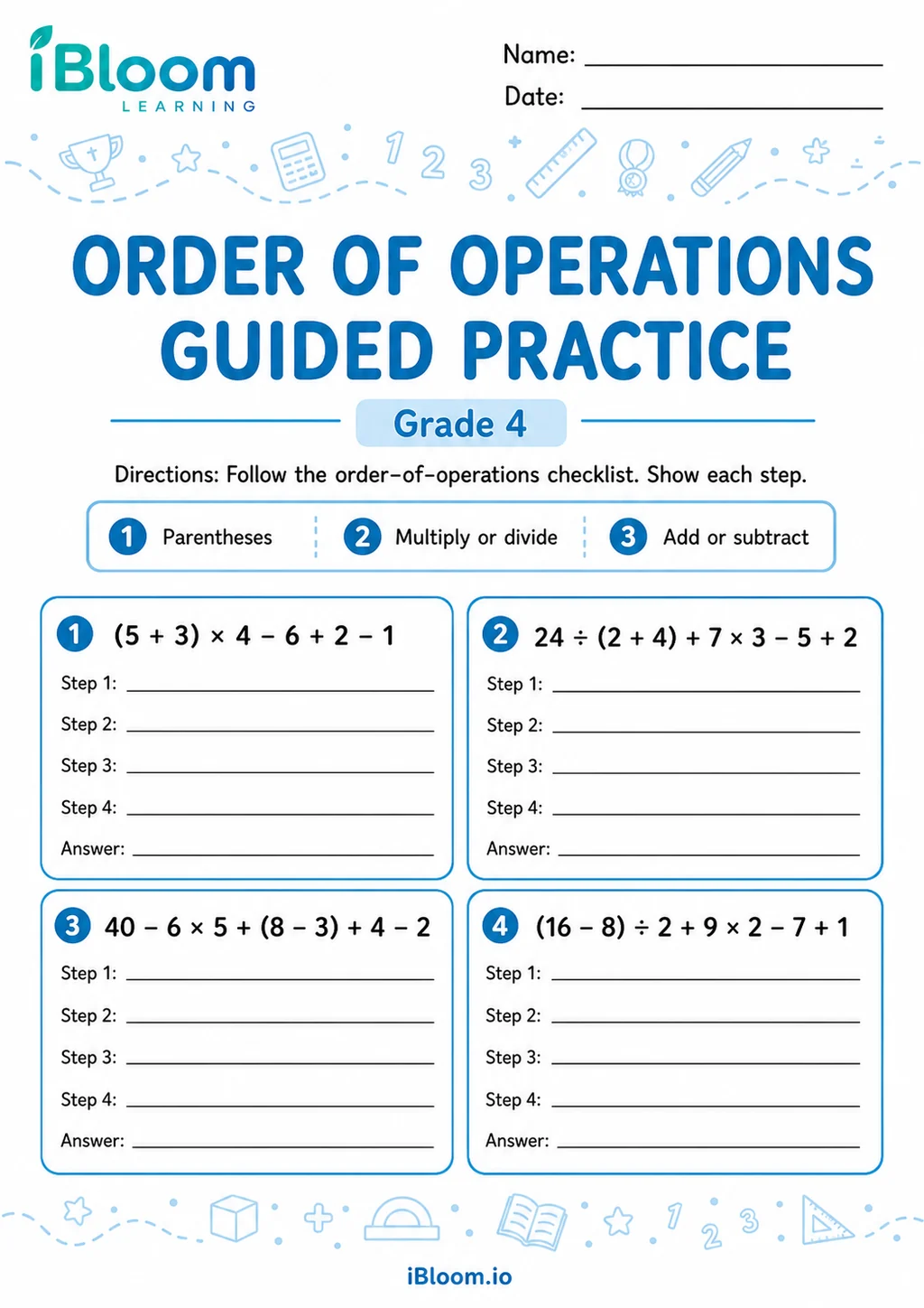 Preview page 1 of Add Subtract Multiply Divide Parenthesis Six Numbers — Guided Practice