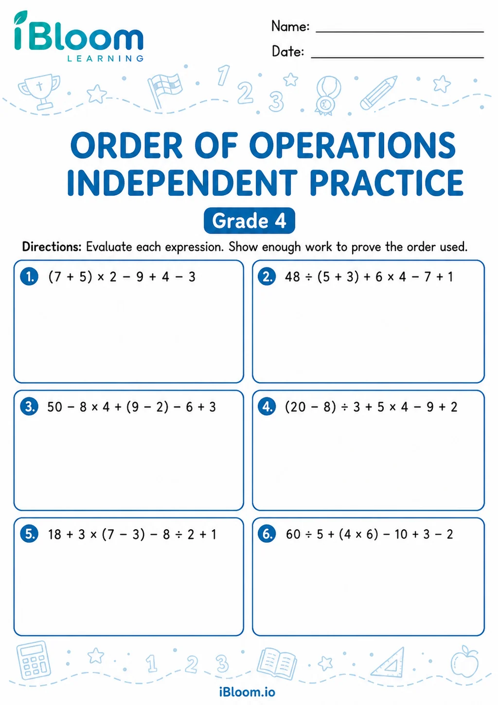 Preview page 1 of Add Subtract Multiply Divide Parenthesis Six Numbers — Independent Practice