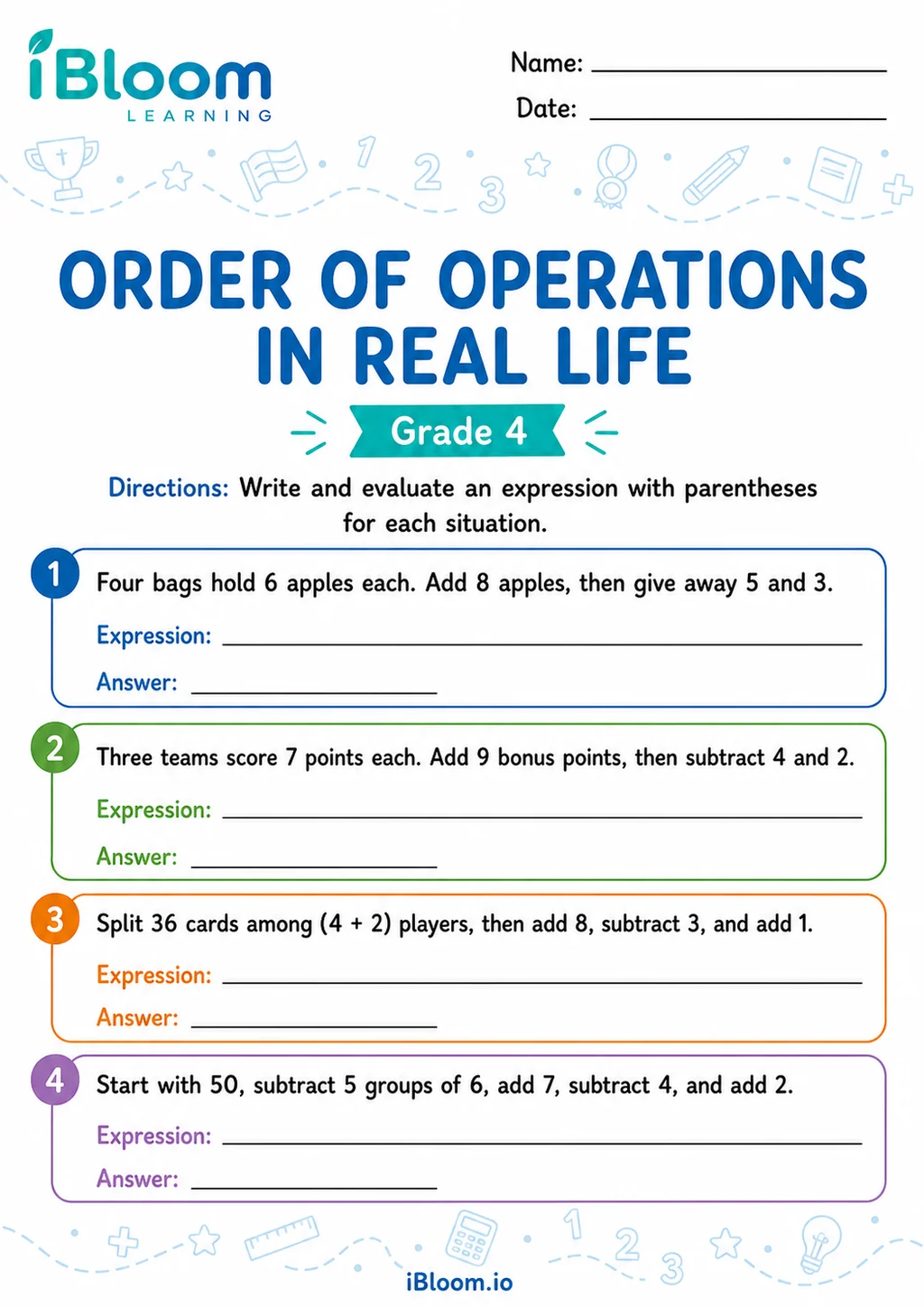 Preview of Add Subtract Multiply Divide Parenthesis Six Numbers — Real-World Problems worksheet