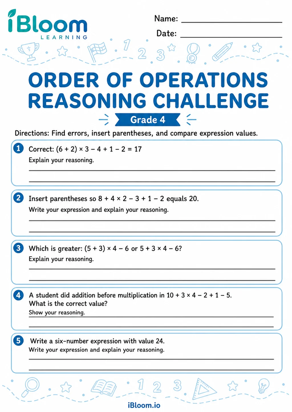 Preview of Add Subtract Multiply Divide Parenthesis Six Numbers — Reasoning Challenge worksheet
