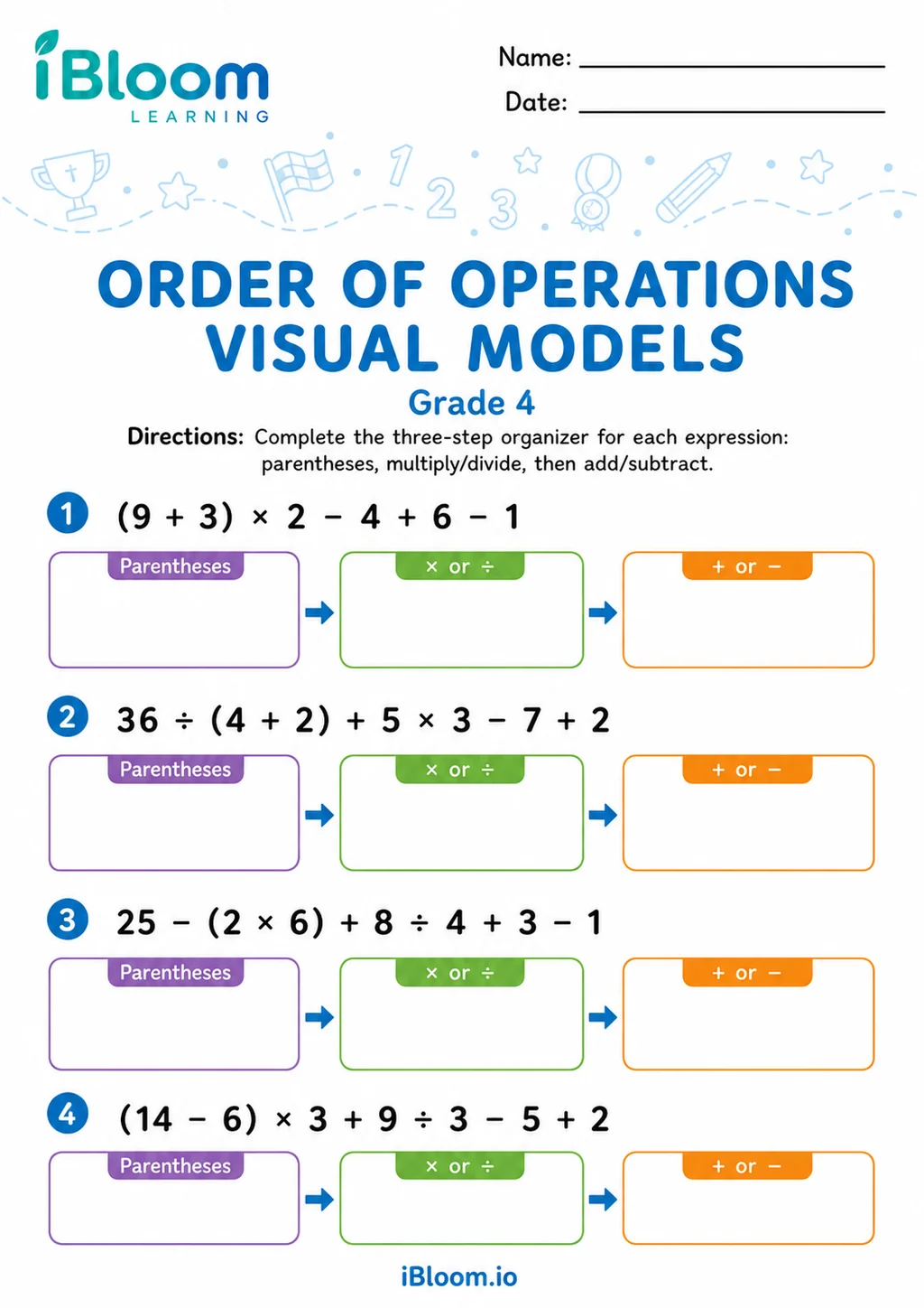 Preview of Add Subtract Multiply Divide Parenthesis Six Numbers — Visual Models worksheet