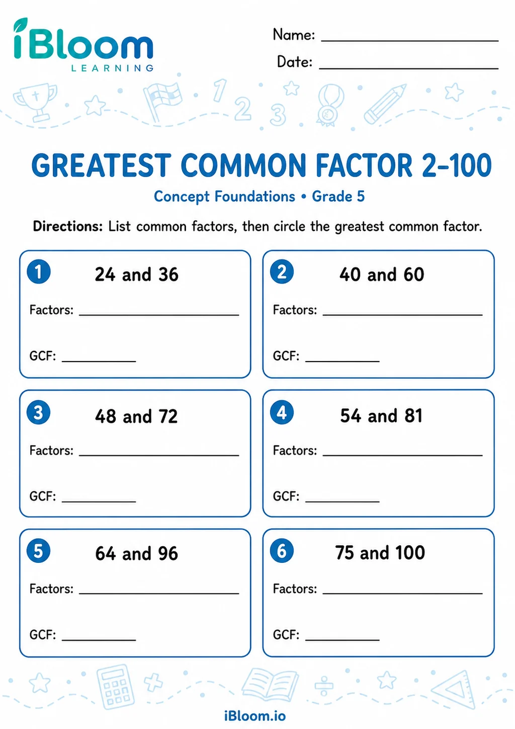 Greatest Common Factor 2–100 — Concept Foundations printable Grade 5 worksheet preview