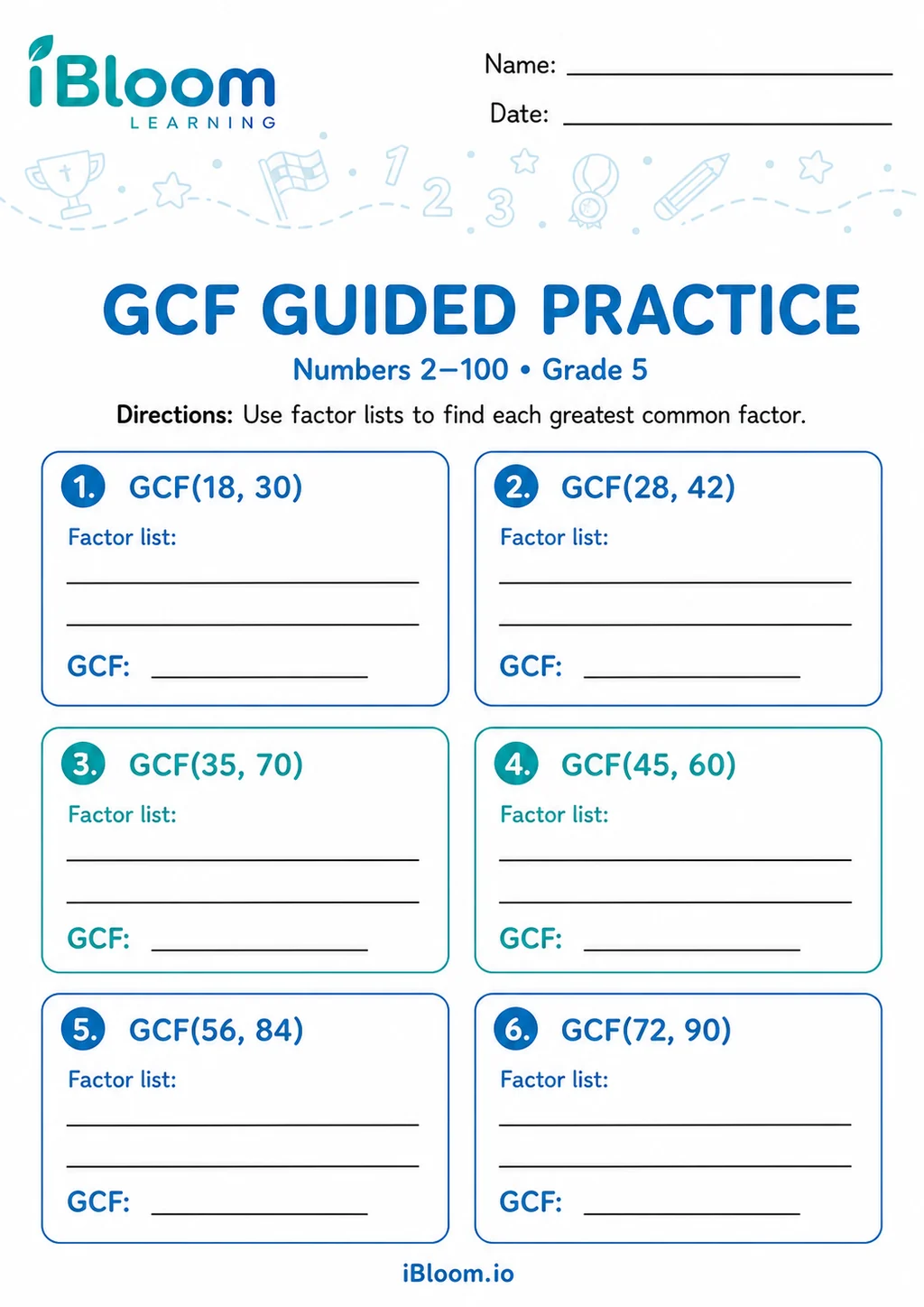 Preview of Greatest Common Factor 2–100 — Guided Practice worksheet