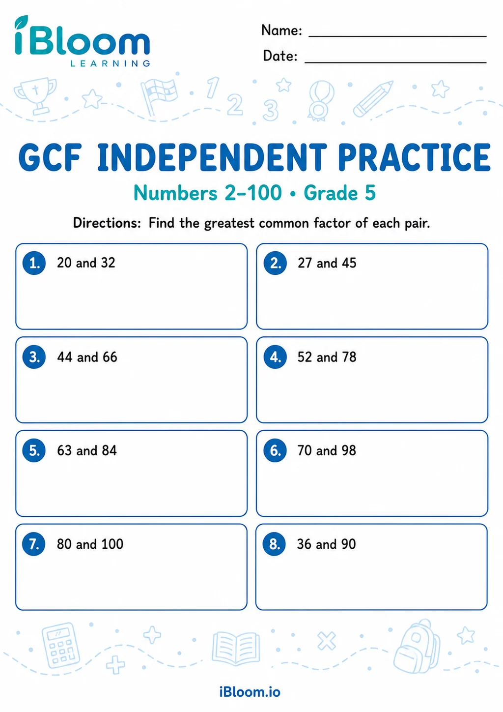 Preview of Greatest Common Factor 2–100 — Independent Practice worksheet