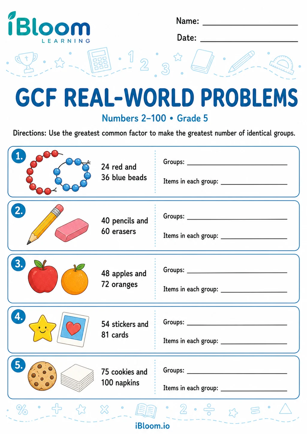 Preview of Greatest Common Factor 2–100 — Real-World Problems worksheet