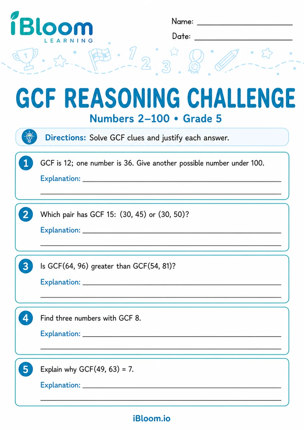 Preview of Greatest Common Factor 2–100 — Reasoning Challenge worksheet