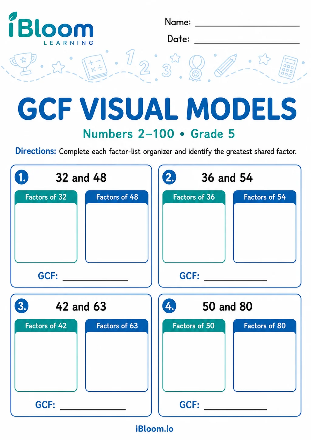 Preview page 1 of Greatest Common Factor 2–100 — Visual Models