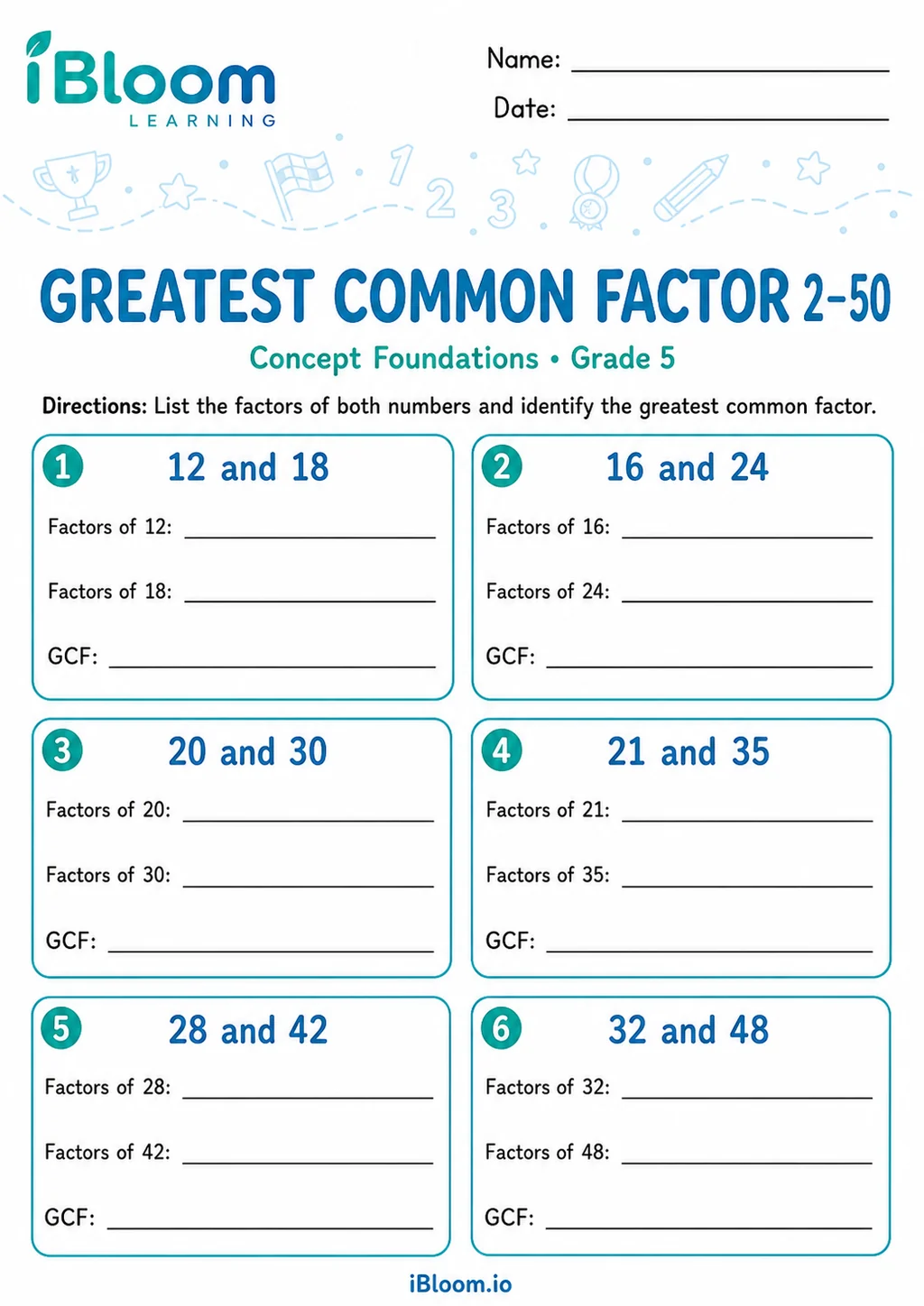 Greatest Common Factor 2–50 — Concept Foundations printable Grade 5 worksheet preview