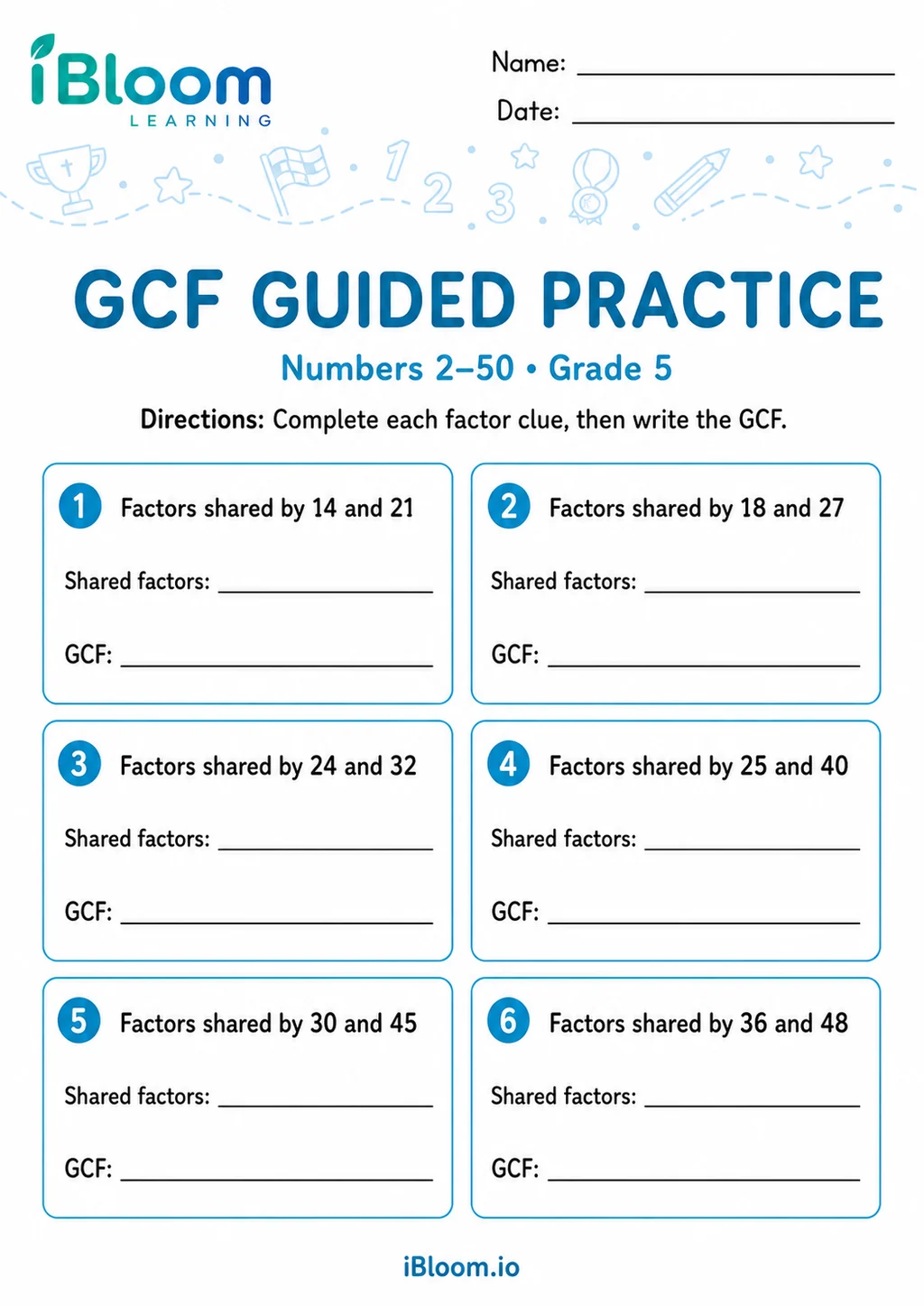 Preview of Greatest Common Factor 2–50 — Guided Practice worksheet