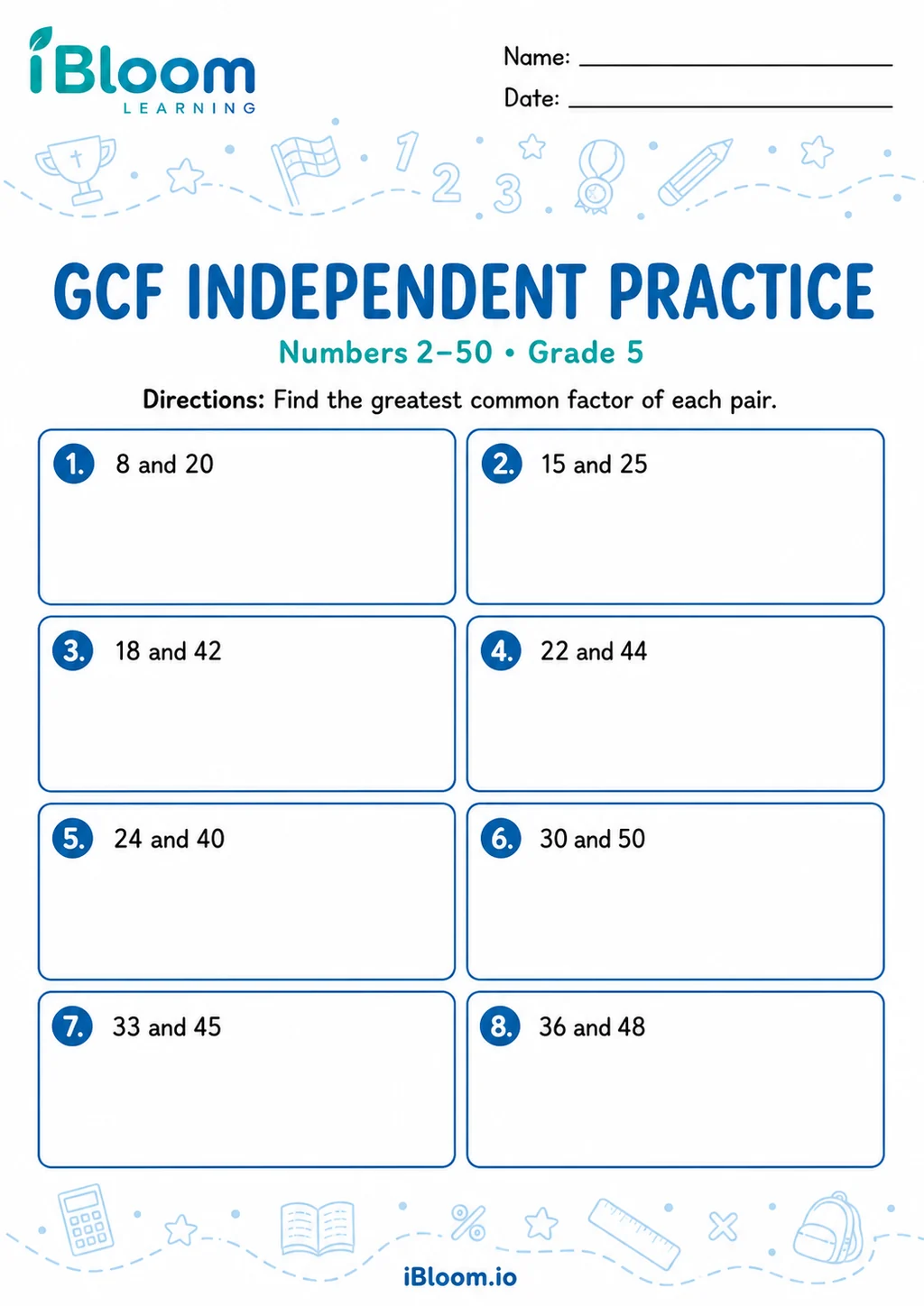 Preview page 1 of Greatest Common Factor 2–50 — Independent Practice