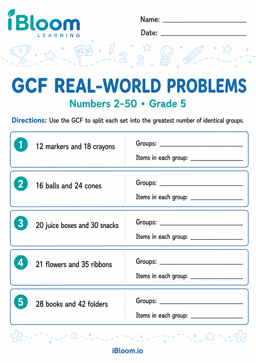 Preview of Greatest Common Factor 2–50 — Real-World Problems worksheet