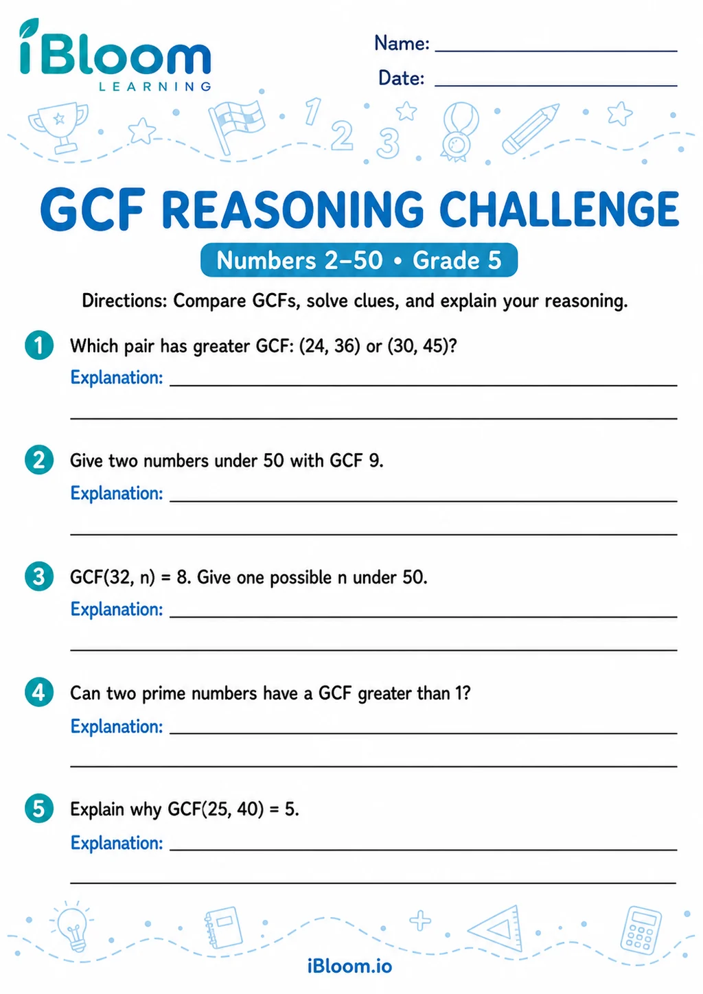 Preview of Greatest Common Factor 2–50 — Reasoning Challenge worksheet
