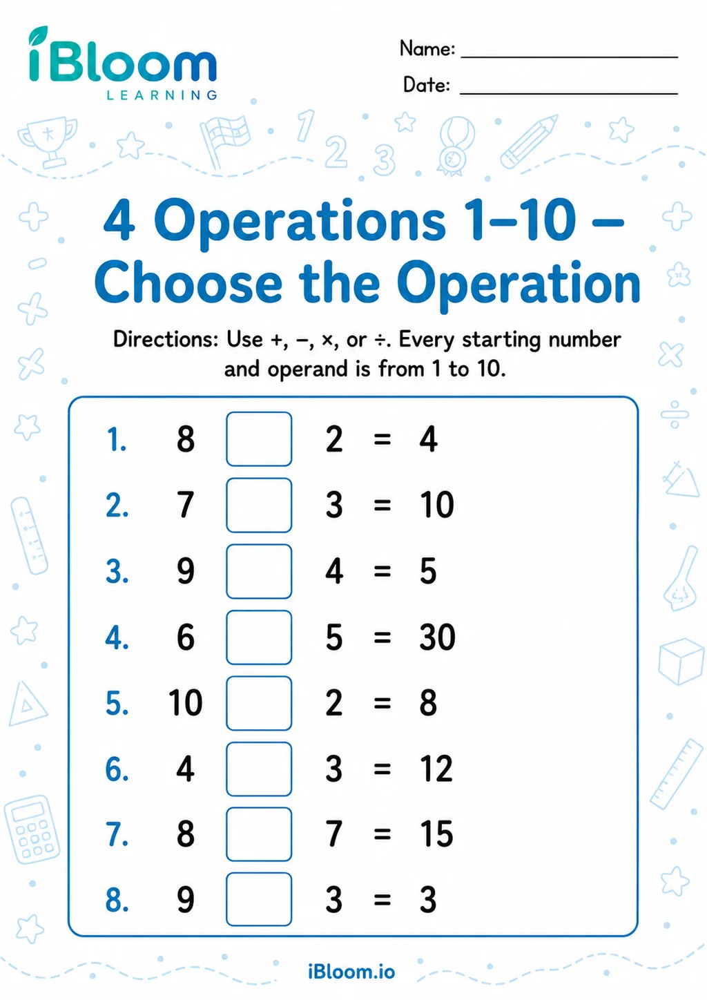 4 Operations 1 10 — Choose the Operation printable Grade 3 worksheet preview