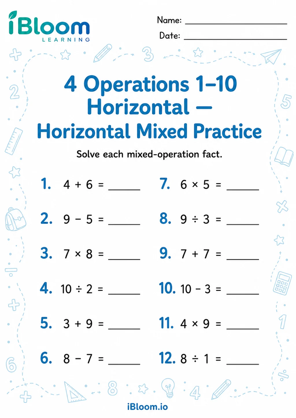 Preview of 4 Operations 1 10 Horizontal — Horizontal Mixed Practice worksheet