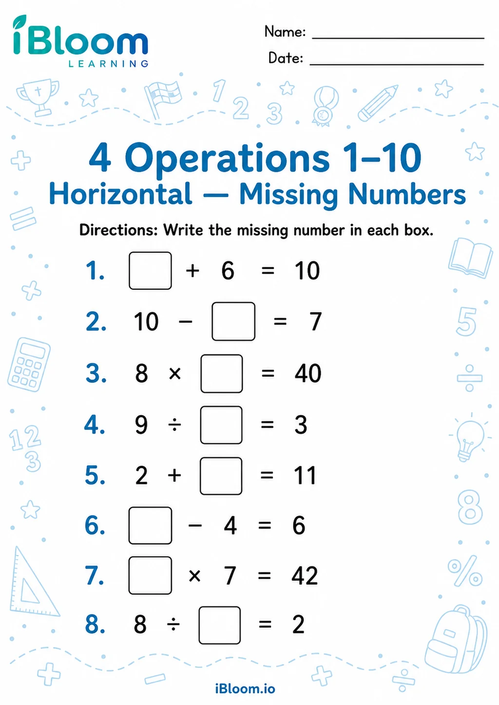 Preview page 1 of 4 Operations 1 10 Horizontal — Missing Numbers