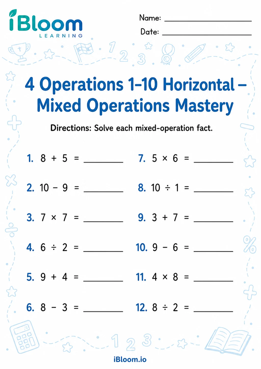 Preview page 1 of 4 Operations 1 10 Horizontal — Mixed Operations Mastery