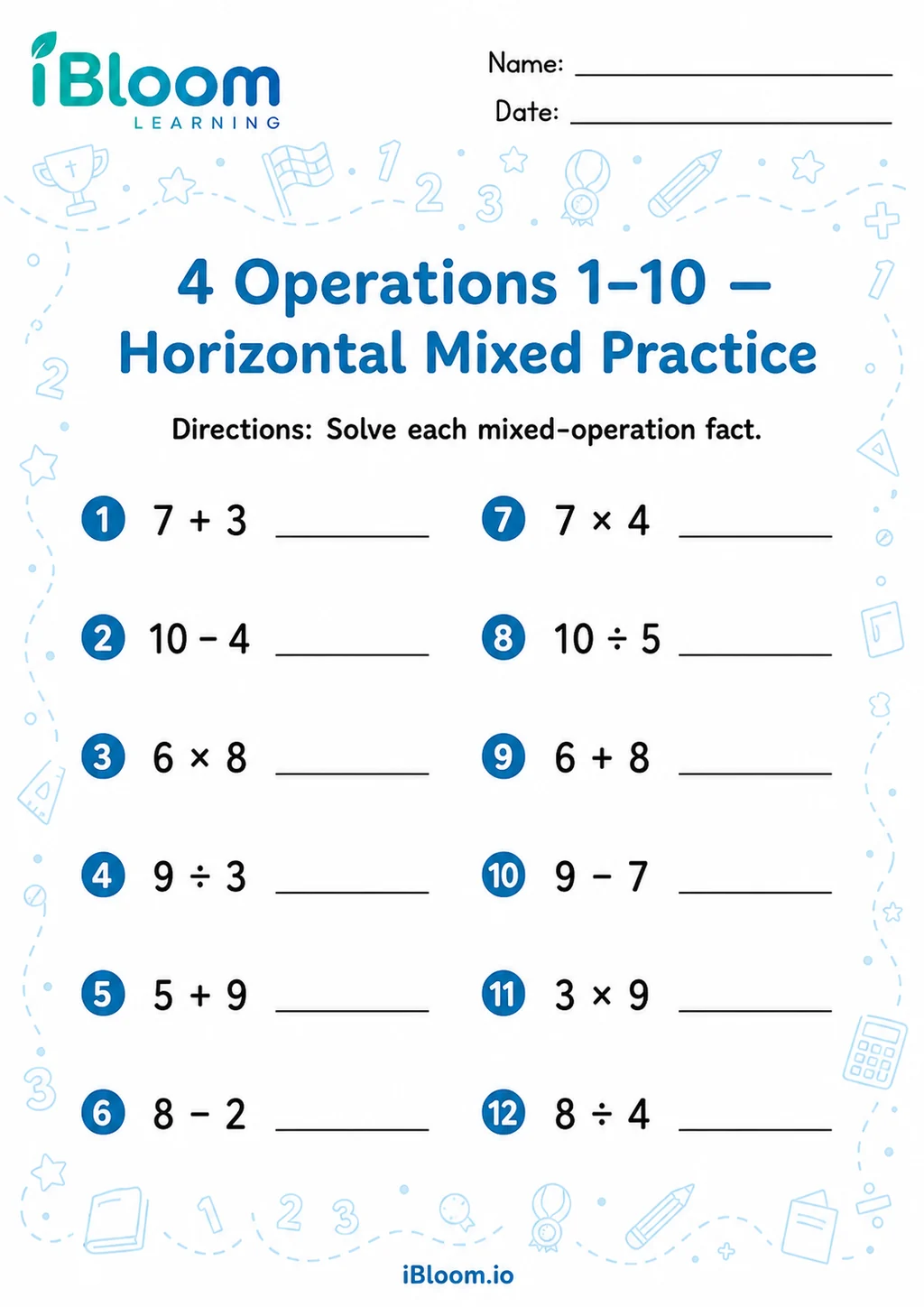 Preview page 1 of 4 Operations 1 10 — Horizontal Mixed Practice