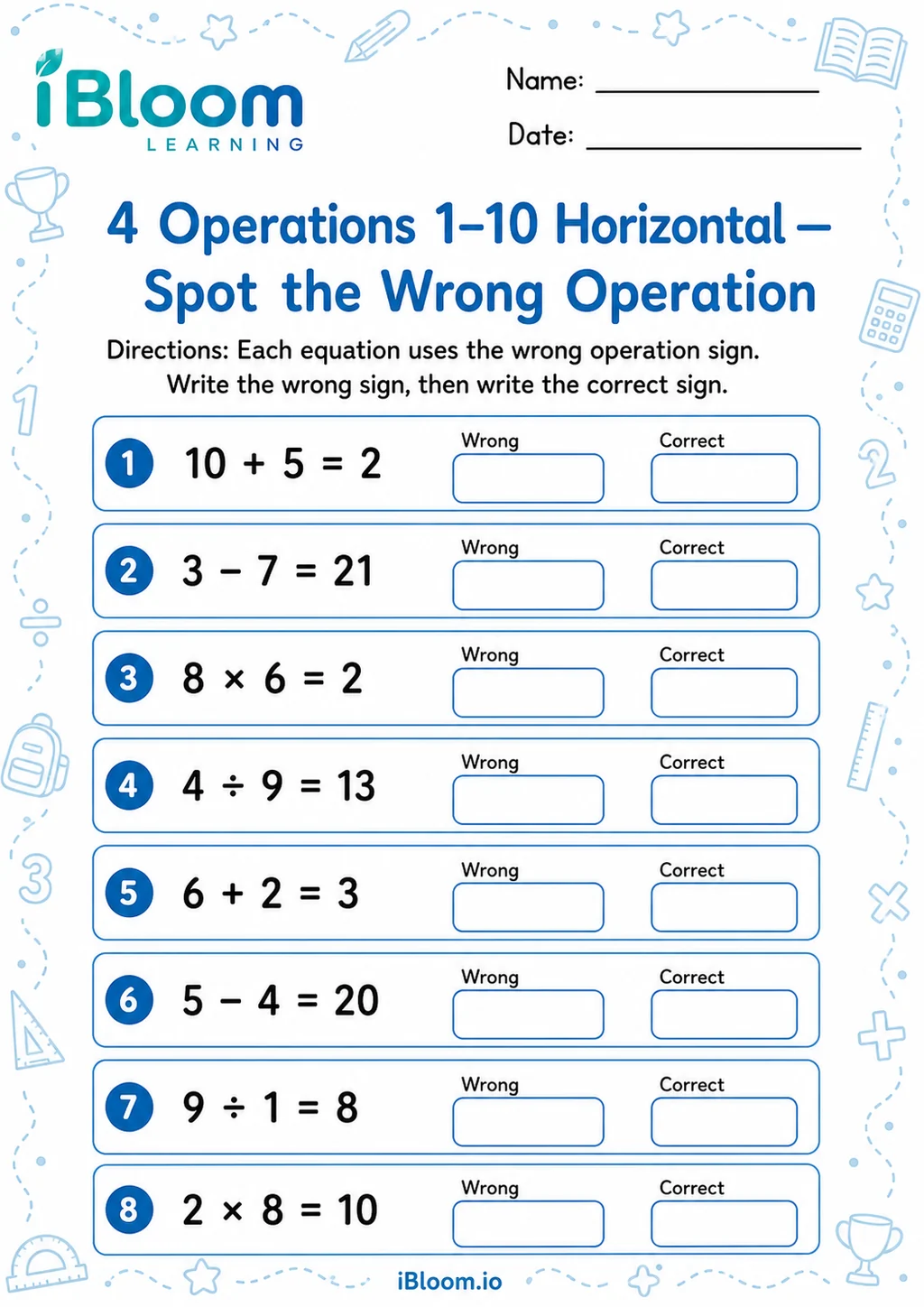 Preview page 1 of 4 Operations 1 10 Horizontal — Spot the Wrong Operation