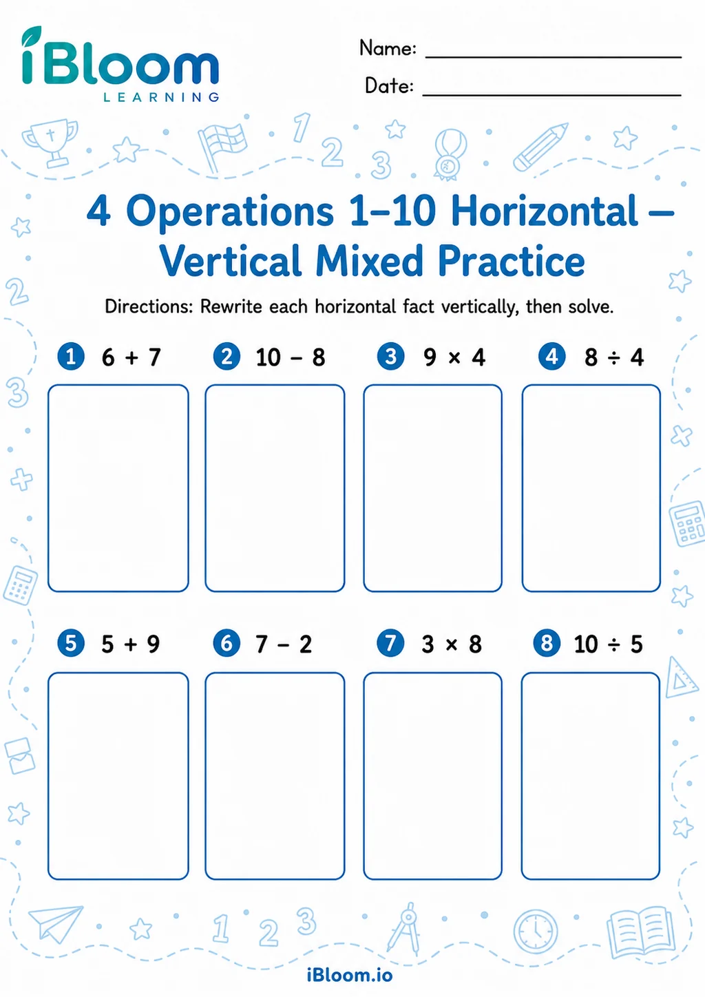 Preview page 1 of 4 Operations 1 10 Horizontal — Vertical Mixed Practice