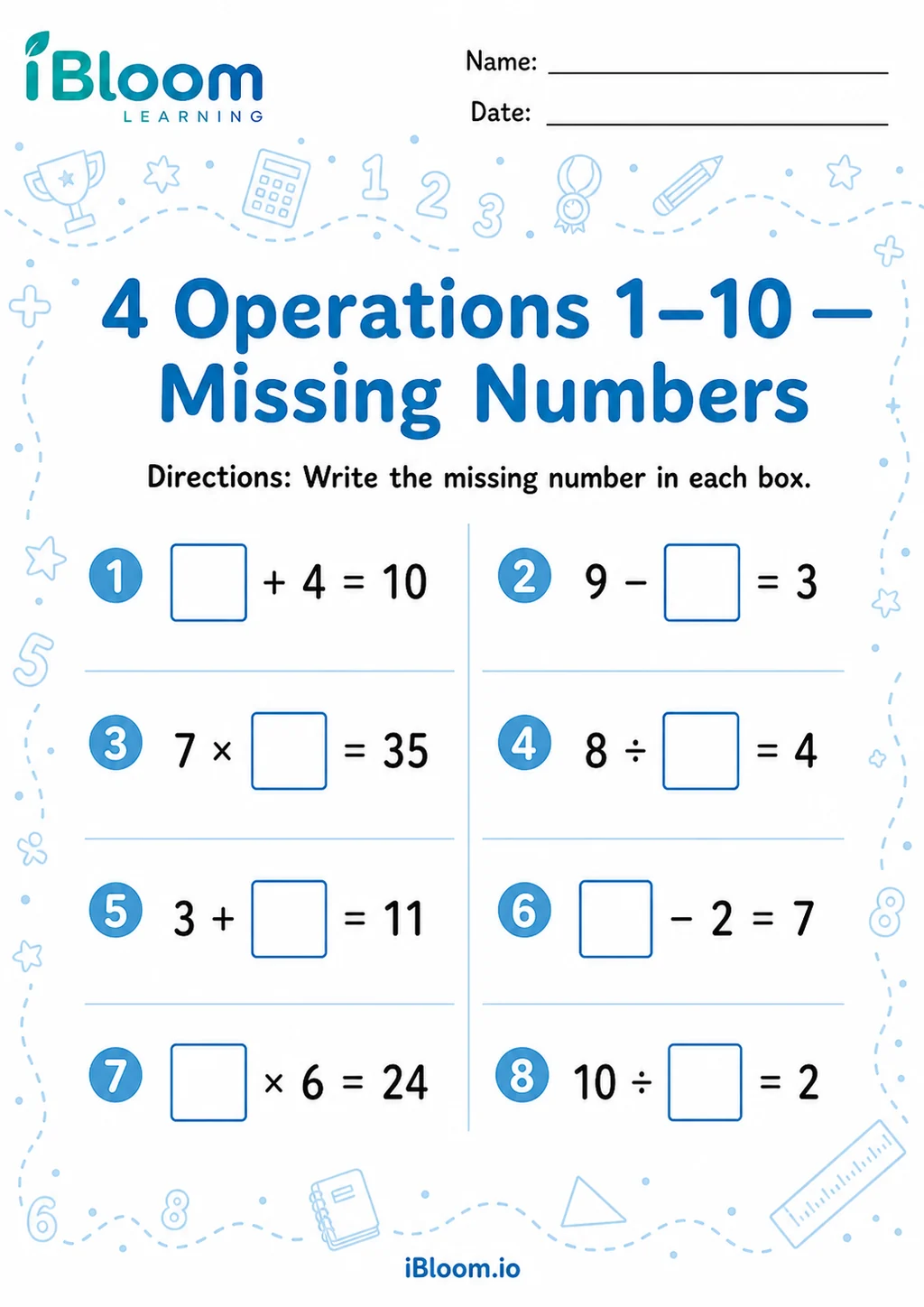 Preview page 1 of 4 Operations 1 10 — Missing Numbers