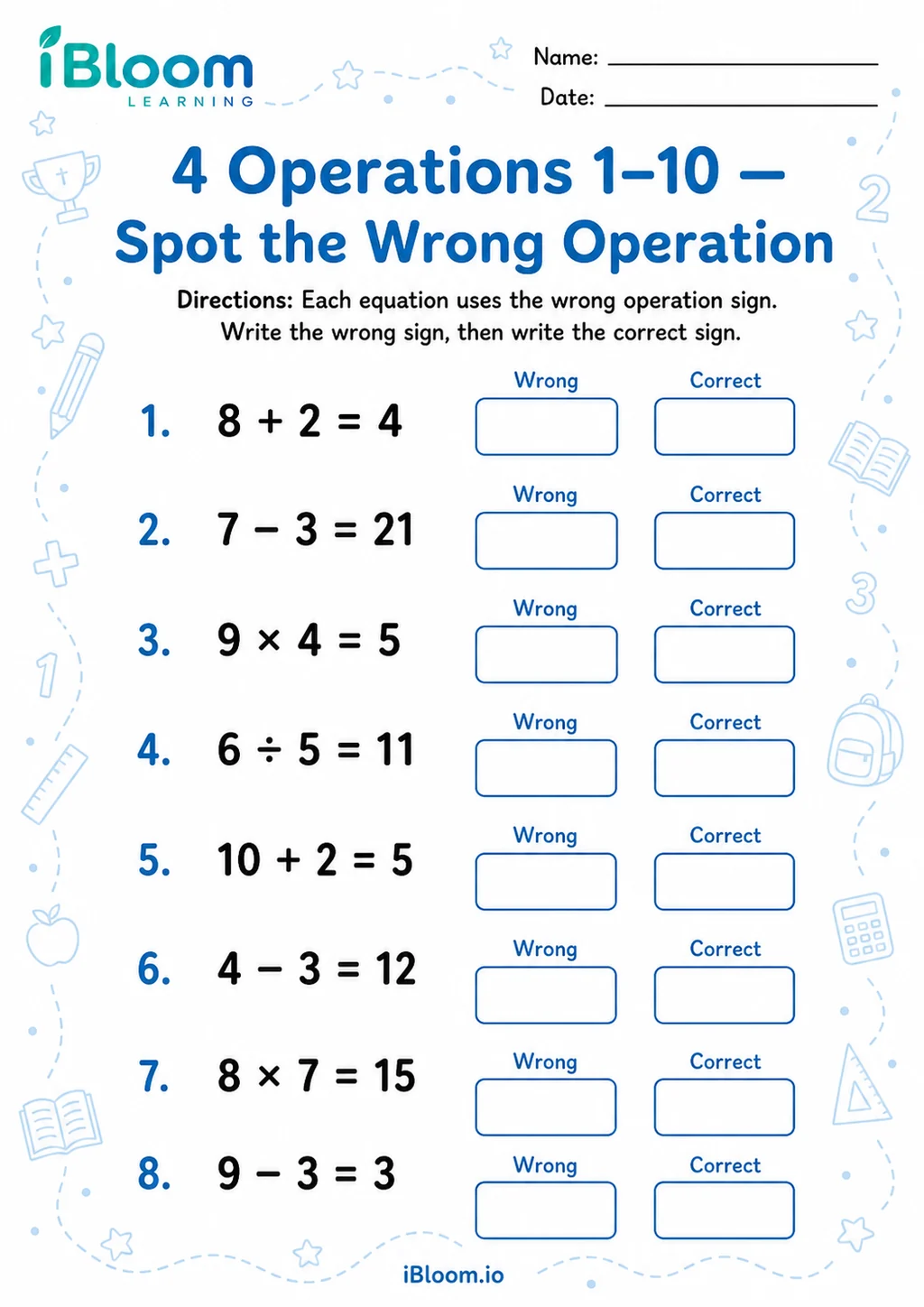 Preview of 4 Operations 1 10 — Spot the Wrong Operation worksheet
