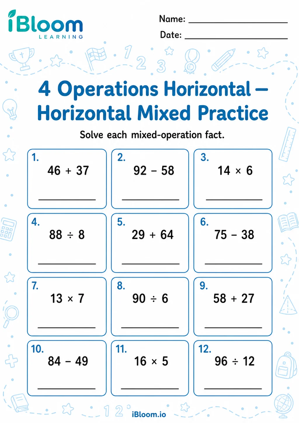Preview of 4 Operations Horizontal — Horizontal Mixed Practice worksheet