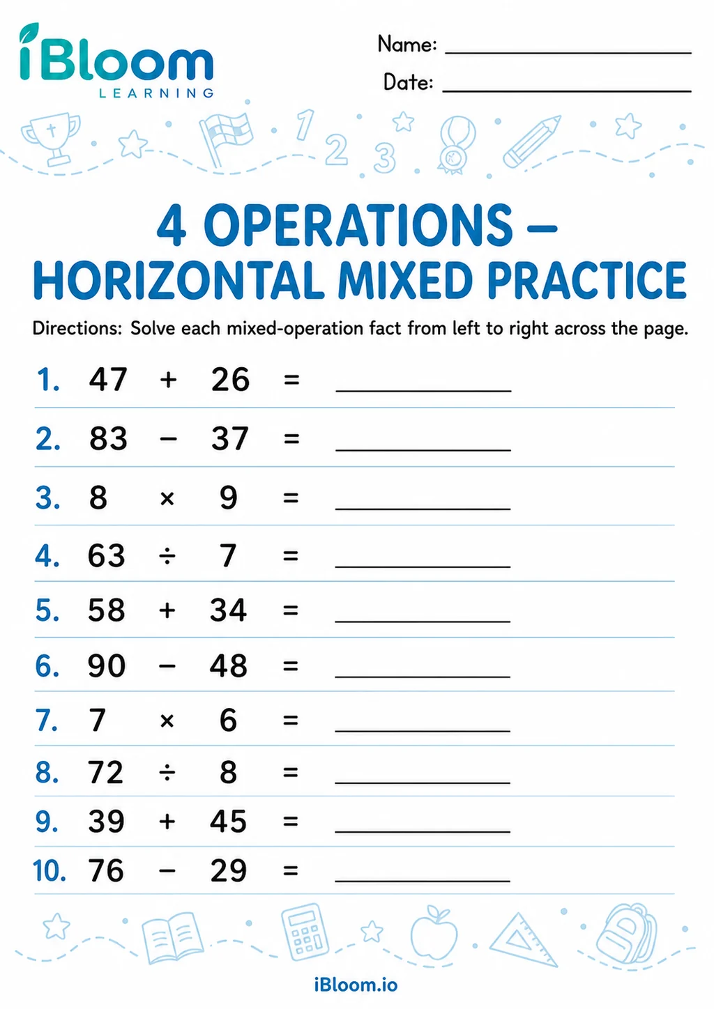 4 Operations — Horizontal Mixed Practice printable Grade 3 worksheet preview