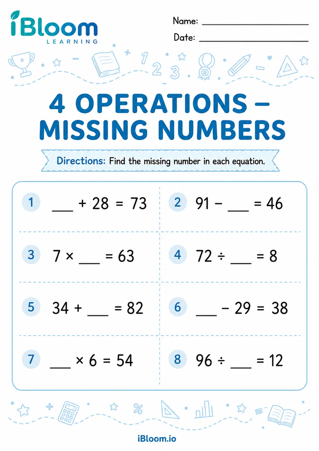 Preview of 4 Operations — Missing Numbers worksheet