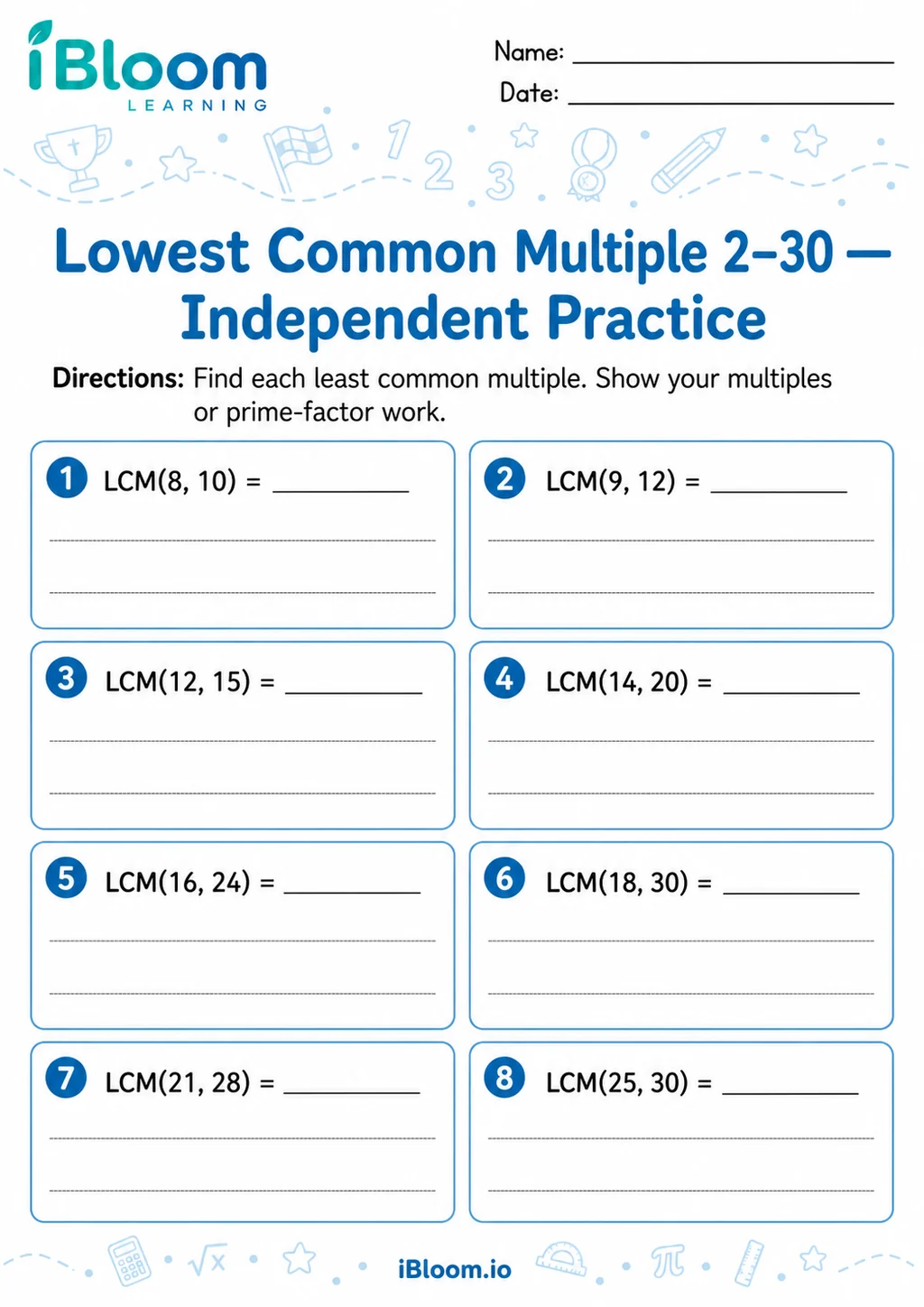 Preview of Lowest Common Multiple 2–30 — Independent Practice worksheet