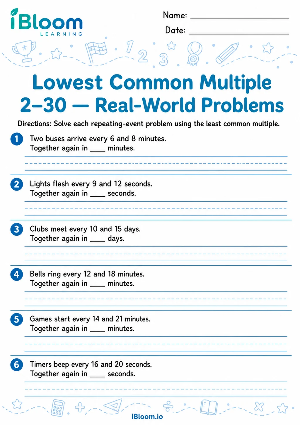 Preview page 1 of Lowest Common Multiple 2–30 — Real-World Problems