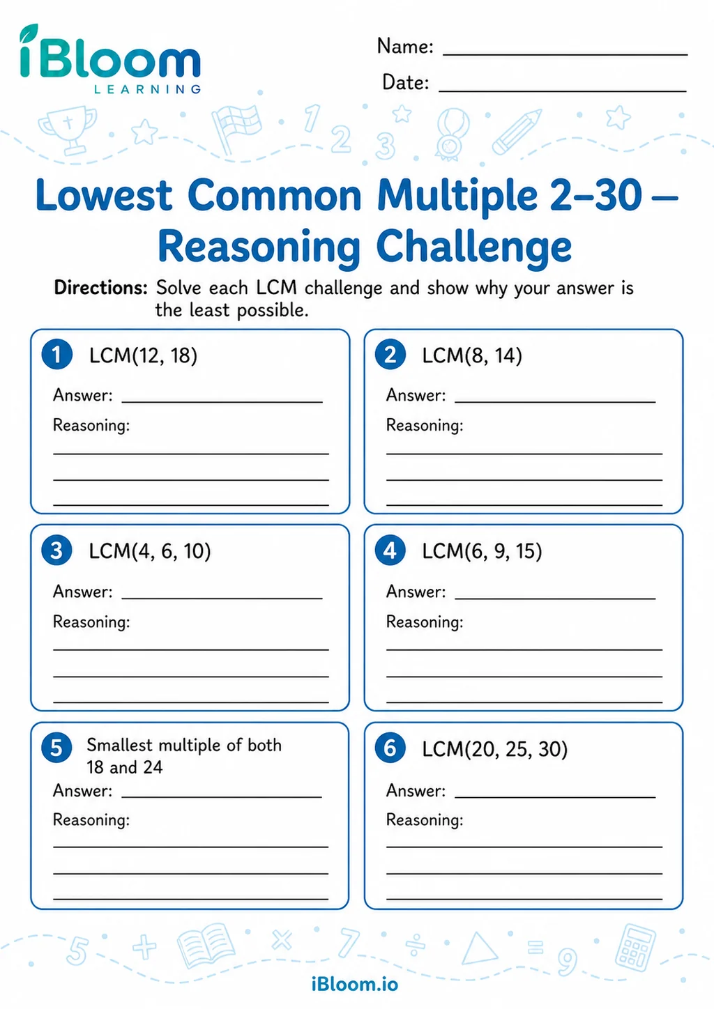 Preview page 1 of Lowest Common Multiple 2–30 — Reasoning Challenge