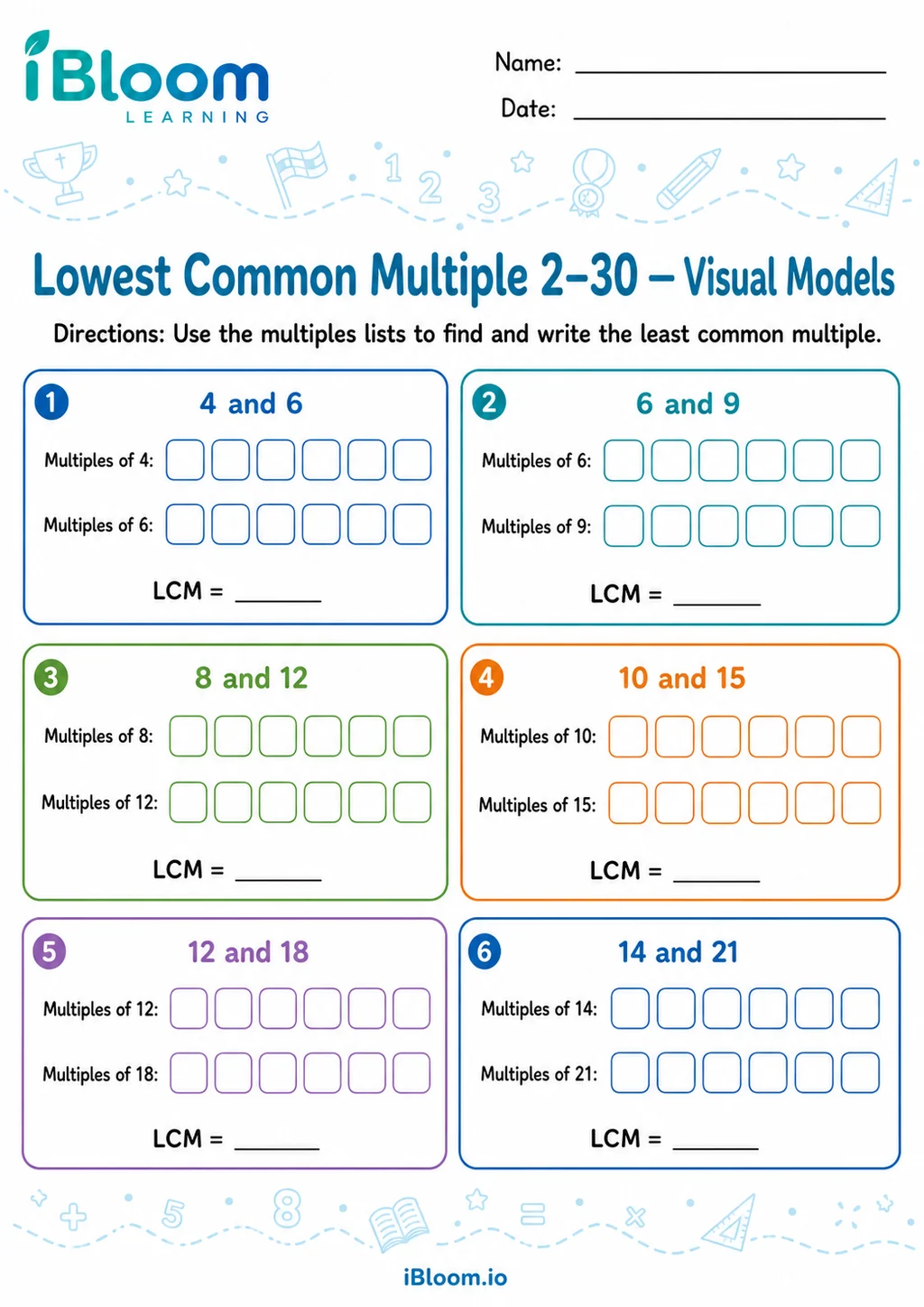 Preview page 1 of Lowest Common Multiple 2–30 — Visual Models