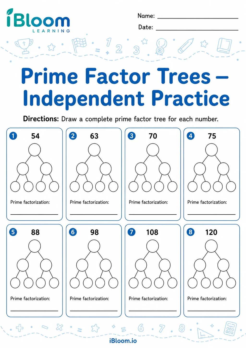 Preview of Prime Factor Trees — Independent Practice worksheet