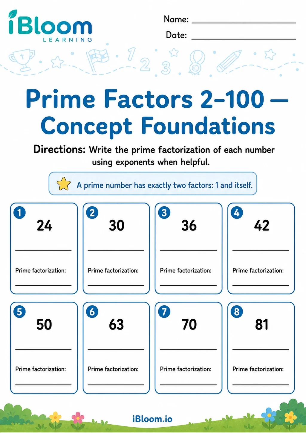Prime Factors 2–100 — Concept Foundations printable Grade 5 worksheet preview