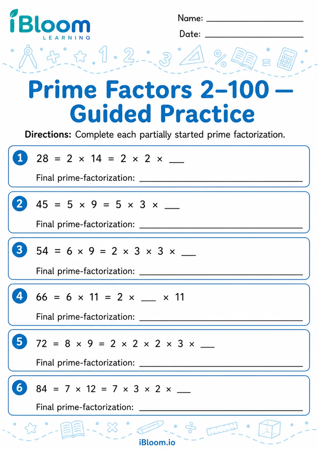 Prime Factors 2–100 — Guided Practice printable Grade 5 worksheet preview