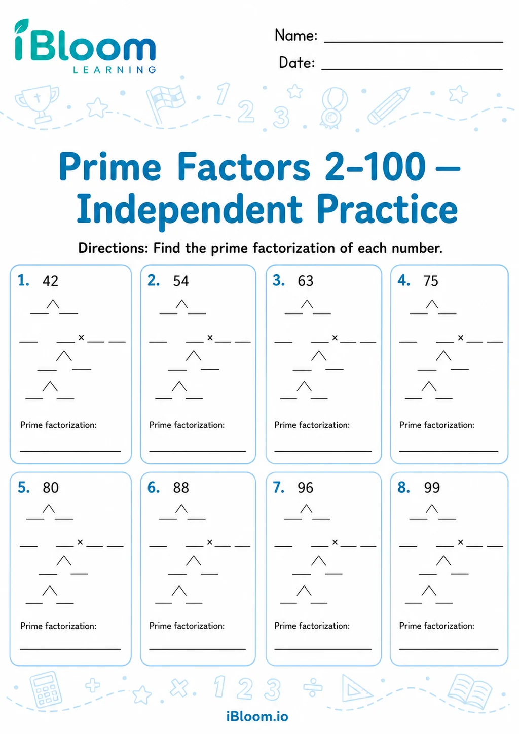 Preview page 1 of Prime Factors 2–100 — Independent Practice