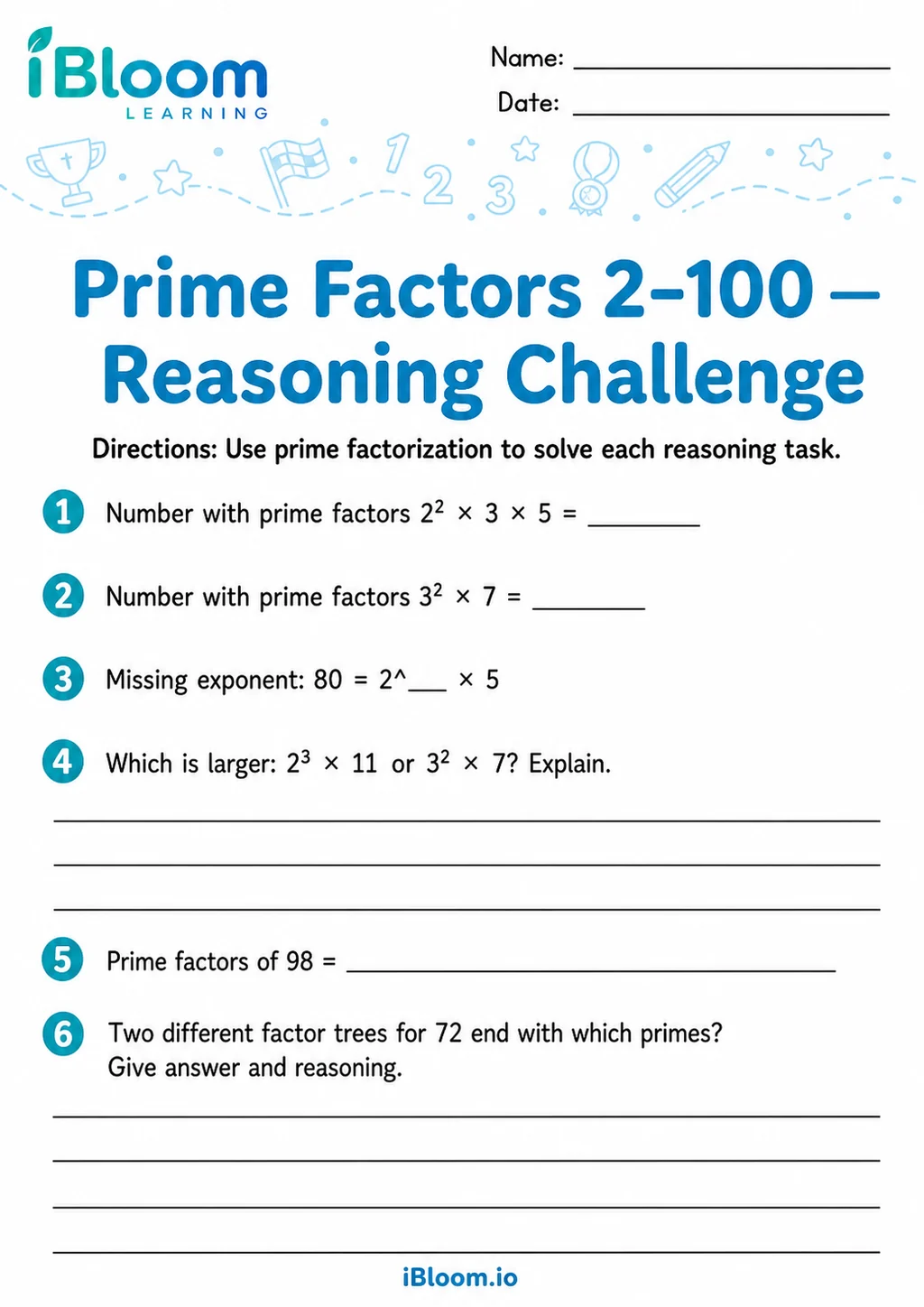 Preview page 1 of Prime Factors 2–100 — Reasoning Challenge
