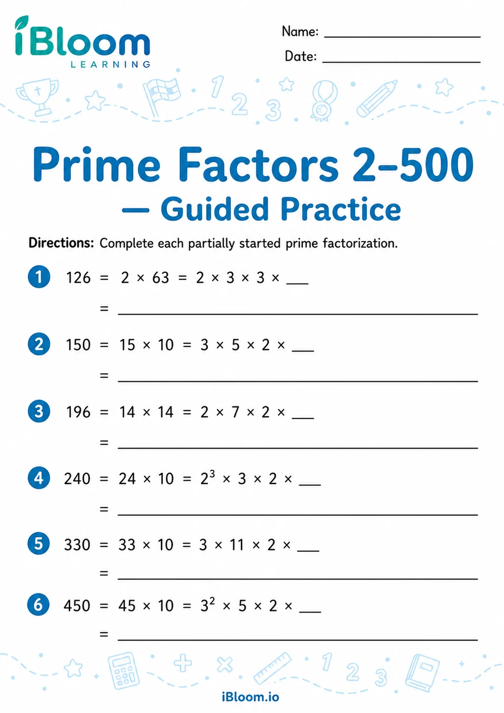 Preview page 1 of Prime Factors 2–500 — Guided Practice