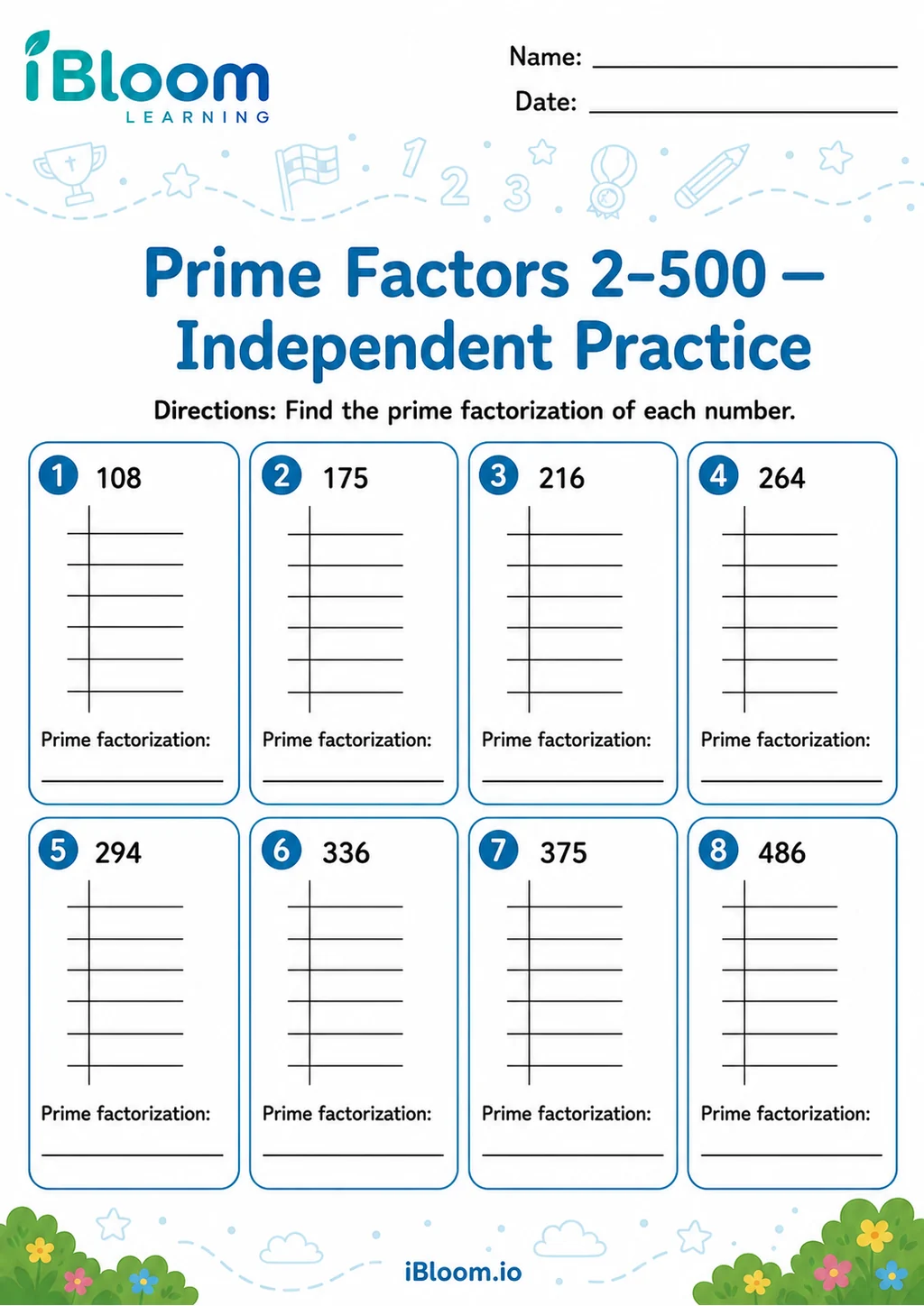 Preview of Prime Factors 2–500 — Independent Practice worksheet